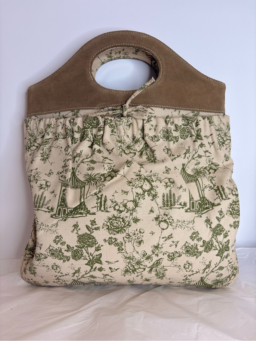 Suede Trim Beige & Green Floral Tote Bag